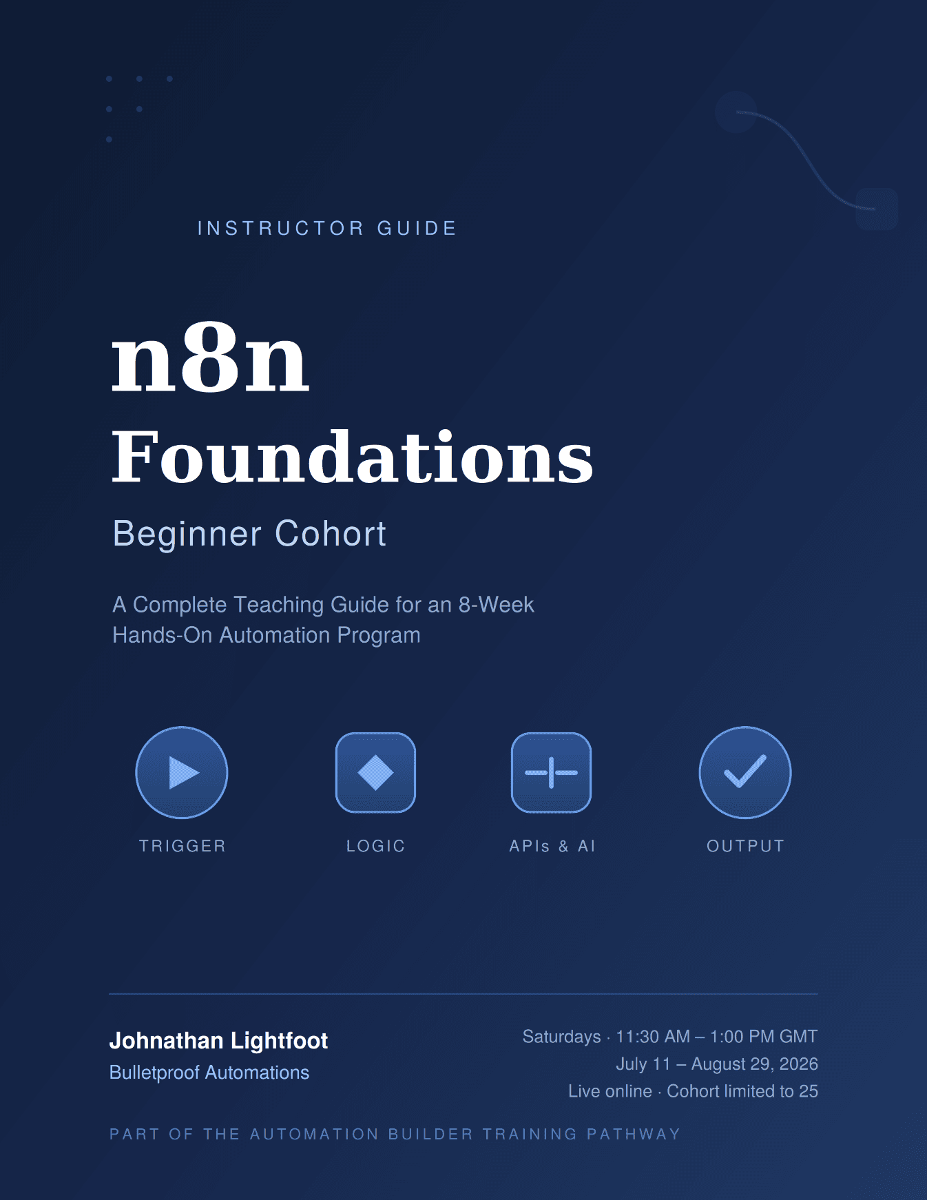 Cover of the instructor guide for an eight-week hands-on automation programme, naming its four themes: trigger, logic, APIs and AI, and output.